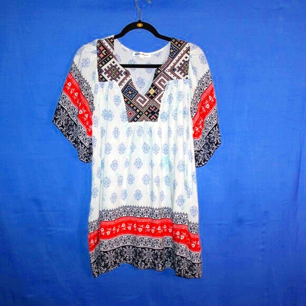 Blue Elephant Embroidered Tunic Dress - Boho Folkloric Print - White Multicolor